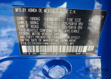 2021 Honda Hr-V Awd Sport z USA, uszkodzony, nr VIN 3CZRU6H14MM744421